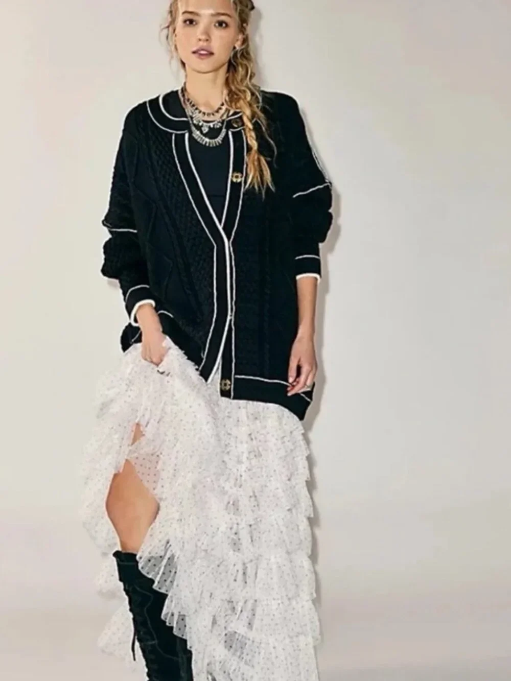 NWT Free People Tennessee Cable Knit Cardi in Black Magic